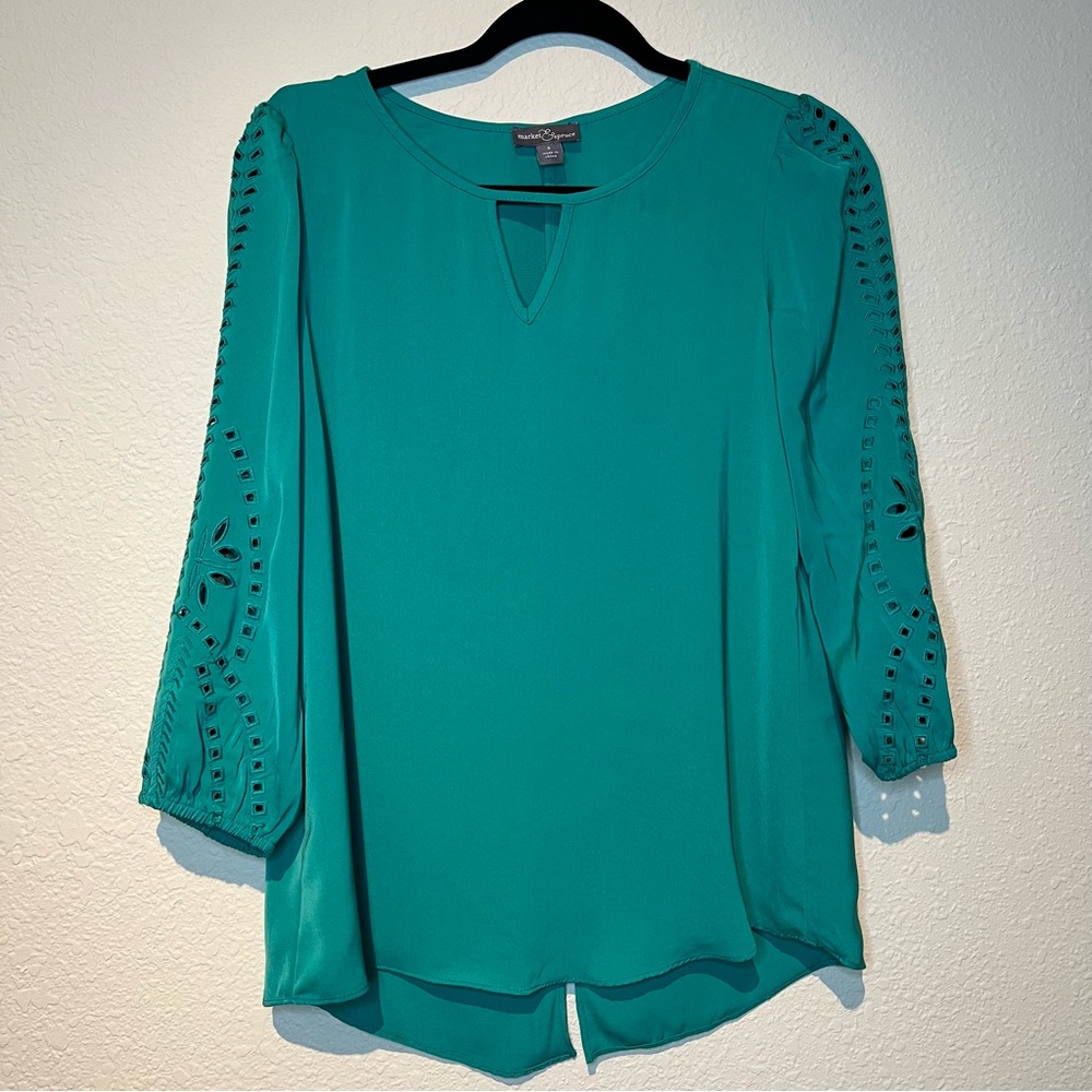 Women’s S. Green Boho Laser-Cut Embroidery Trim Balloon Sleeve Relaxed Blouse